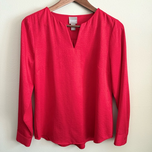 Chico's Tops - Chico’s Vibrant Red Textured Blouse Split V Neck Long Sleeve Top Size Small